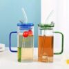 Transparent Square Drinking Glass With Lid And Straw - Image 4