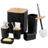 6 Pcs Washroom Set With Wooden Lid Plastic - Image 2